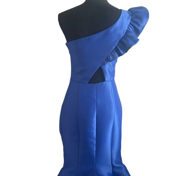 TARIK EDIZ 2 Formal Gown $438 Dress Ruffle One Shoulder Size 2 Royal Blue 50774 - Picture 7 of 10